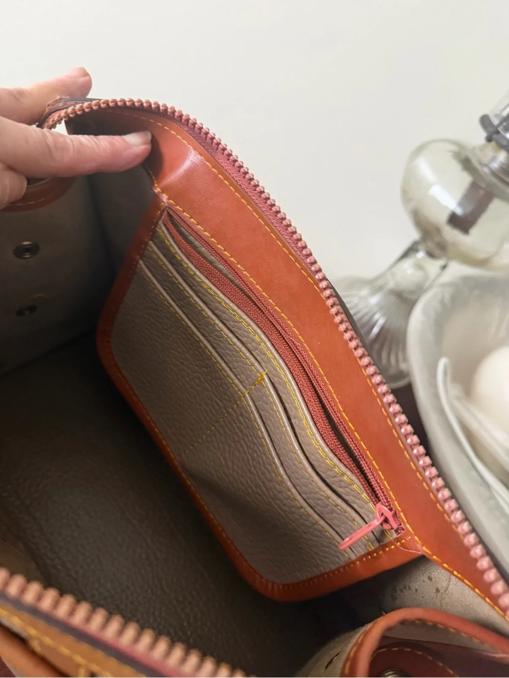 Vintage Dooney & Bourke All Weather Leather Khaki and Brown Leather Trim Bag